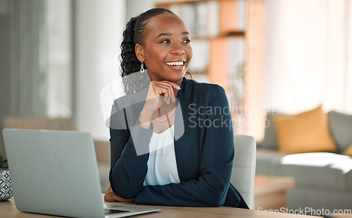 Image of Thinking, laptop and black woman with ideas doing remote work for business growth or future dream in a home office. Smile, happy and corporate employee or worker planning a project or goal online