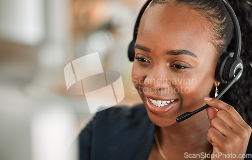 Image of CRM, telemarketing and black woman with headphones, call center and telecom sales with help. Female person, consultant and agent with tech support, representative and customer service with network