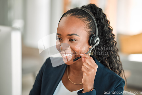 Image of Headphones, telemarketing and black woman with a smile, call center or consultant with internet connection. Female person, tech support or agent with telecom sales, representative or customer service