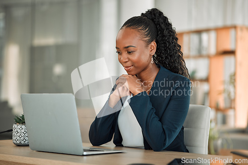 Image of Laptop, thinking and office business woman or Human Resources employee for company ideas and solution. Reading, online review and professional HR worker or african person on computer for career email