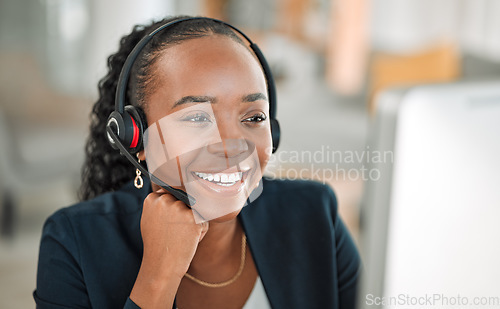 Image of CRM, telemarketing or black woman with a smile, call center or internet connection with help. Female person, consultant or agent with telecom sales, representative or customer service with headphones