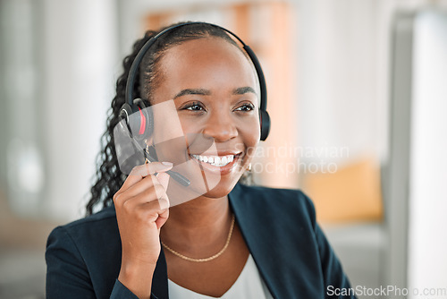 Image of Business, telemarketing and black woman with a smile, call center and tech support with help. Female person, ecommerce and consultant with telecom sales, ideas and customer service with headphones