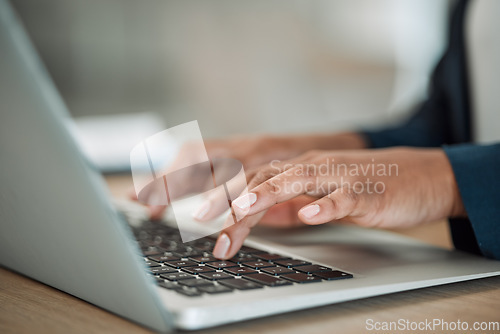 Image of Hands, trader or woman typing on laptop working on email or research project on keyboard. Technology closeup, trading online or worker writing blog report, post or internet article review in office