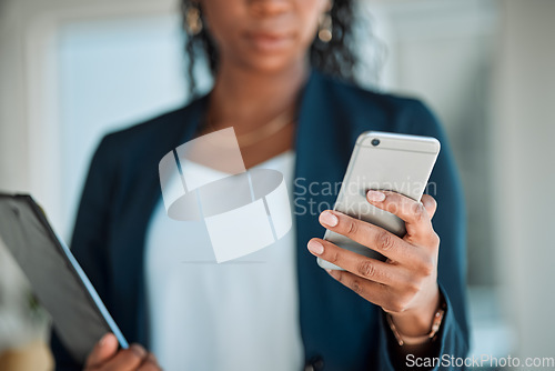 Image of Phone, search and woman accountant typing an email or online message on a mobile app, web or website connection. Finance, profit and corporate person writing a social media update for a company