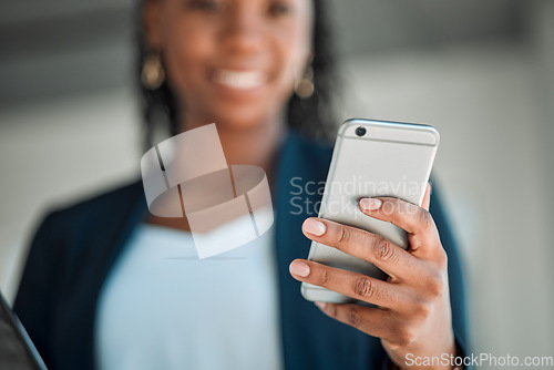 Image of Phone, contact and woman accountant typing an email or online message on a mobile app, web or website connection. Finance, profit and corporate person writing a social media update for a company