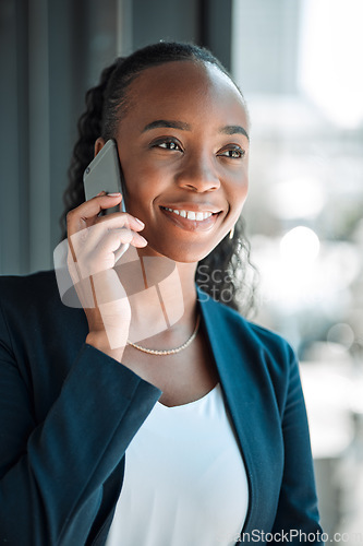 Image of Black woman, smile and phone call for business, communication and conversation. Smartphone, happy and African professional talking, listening and networking with contact to chat in corporate office.