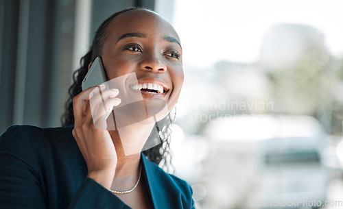 Image of Black woman, funny and phone call for business, communication and conversation. Smartphone, happy and African professional talking, listening and laughing with contact to chat in corporate office.