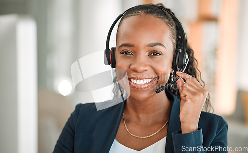 Image of Portrait, telemarketing or black woman with headphones, call center or internet connection with telecom sales. Female person, face and agent with customer service, ecommerce and crm with tech support