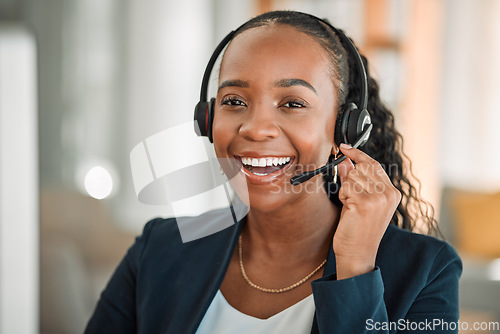 Image of Portrait, telemarketing or black woman with a smile, customer service and internet connection with advice. Female person, face and consultant with telecom sales, agent and call center with headphones