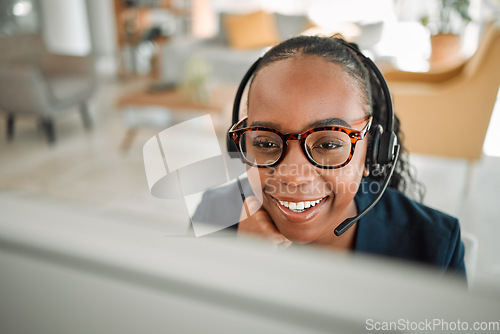 Image of Remote work form home, call center and black woman with a smile, internet connection and help. Female person, consultant and agent with telecom sales, freelancer and customer service with headphones