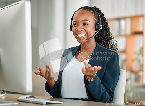 Image of Computer, happy or black woman with headphones in call center for ecommerce or telemarketing advice. Customer service, virtual assistant or consultant with tech support headset for communication