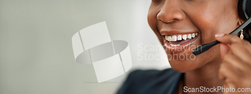 Image of Call center, banner or mouth of happy woman in communication or talking at customer service. Closeup of smile, mockup space or friendly agent consulting on mic at telemarketing of technical support