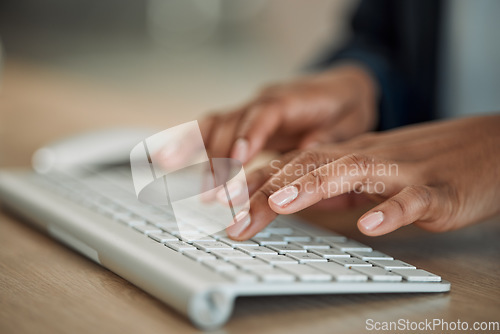 Image of Hands, trader or woman typing on computer working on email or research project on keyboard. Keyboard closeup, tading online or worker writing blog report, email or internet article review in office