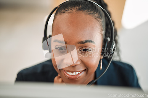 Image of Headphones, telemarketing and black woman with a smile, online reading and internet connection with help. Female person, crm and happy consultant with telecom sales, customer service and tech support