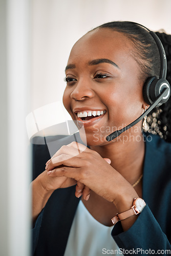 Image of Smile, telemarketing or black woman with headphones, call center or internet connection with crm. Female person, consultant or agent with telecom sale, customer service or tech support with ecommerce