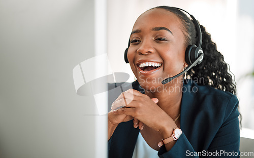 Image of Funny, telemarketing and black woman with a smile, customer service and internet connection with help. Female person, humor and agent with telecom sales, tech support and call center with headphones