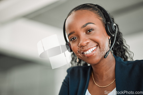 Image of Portrait, telemarketing or black woman with a smile, call center or tech support with headphones. Female person, face or consultant with telecom sales, crm or customer service with help or consulting