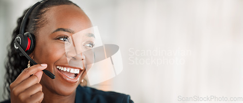 Image of Thinking, telemarketing or black woman with a smile, customer service and internet connection with success. Female person, consultant or agent with telecom sales, achievement and call center with crm