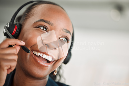Image of Thinking, call center and black woman with a smile, customer service and internet connection with telecom sales. Female person, consultant or agent with crm, decision or telemarketing with headphones