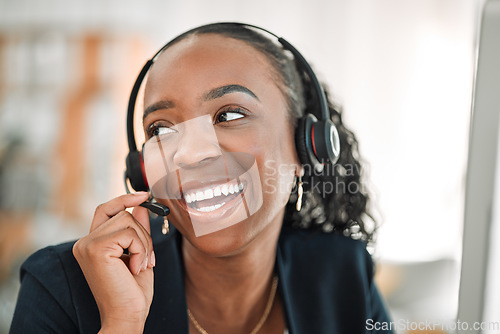 Image of Thinking, telemarketing or black woman with funny, call center and customer service with help. Female person, consultant or agent with telecom sales, decisions and tech support with headphones or crm