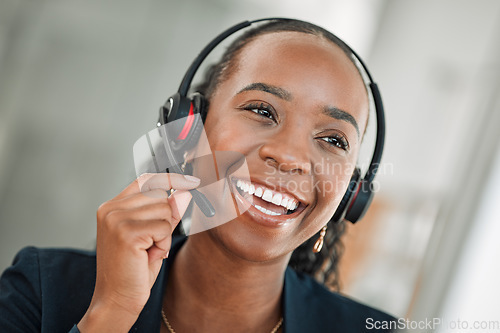 Image of CRM, thinking and black woman with a smile, customer service and internet connection. Female person, consultant and agent with telecom sales, funny and telemarketing with headphones and tech support