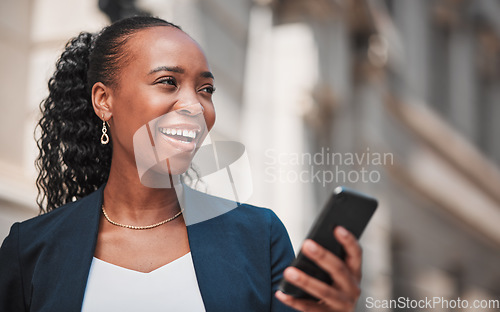 Image of Business, black woman and cellphone is thinking in city for travel as lawyer for success. Pride, smile and professional person with tech for idea or online app with internet for communication.