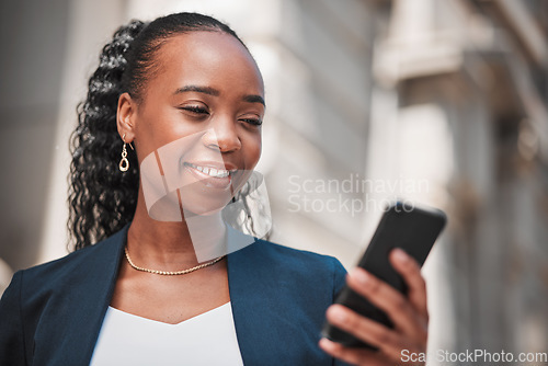 Image of Smartphone, black woman typing with social media media and chat online, communication and technology. Internet connection, text message or email with closeup, female person and mobile app outdoor