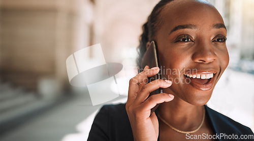 Image of Happy black woman, phone call and city for conversation, communication or networking. Face of African female person smile and talking on smartphone for business discussion or advice in an urban town