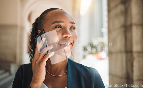 Image of Happy black woman, phone call and city for communication, conversation or networking. Face of African female person smile and talking on smartphone for business discussion or advice in an urban town