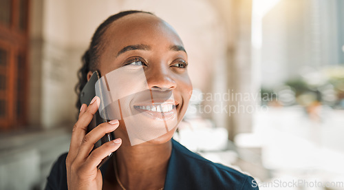 Image of Happy black woman, phone call and city for networking, communication or conversation. Face of African female person smile and talking on smartphone for business discussion or advice in an urban town