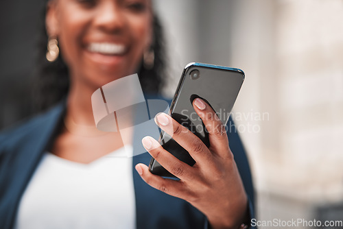 Image of Smartphone in hand, woman scroll social media and chat online, communication and technology. Internet connection, search and text message, email with closeup, female person and mobile app outdoor