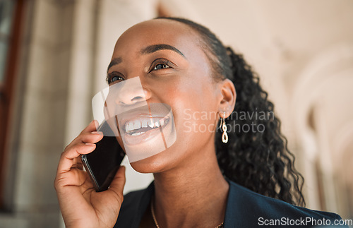 Image of Happy black woman, phone call and laughing in city for conversation or communication. Face of African female person smile and talking on smartphone for business discussion or advice in an urban town