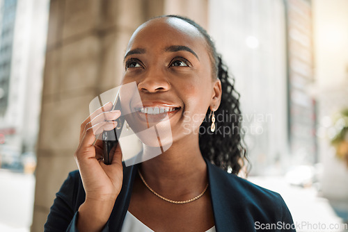 Image of Happy black woman, phone call and city for discussion, communication or networking. Face of African female person smile and talking on smartphone for business conversation or advice in an urban town