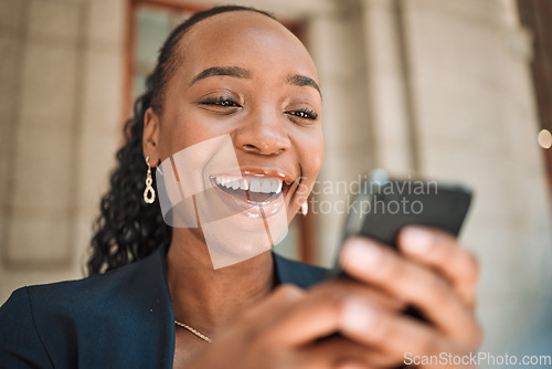Image of Phone, smile and a business black woman in the city, searching for location or typing a message. Mobile, commute and map with a young female employee looking for directions on a navigation app