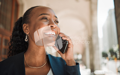 Image of Thinking, talking and a black woman on a phone call, laughing and in communication in the city. Smile, idea and an African girl or employee speaking on a mobile for a chat, conversation or discussion