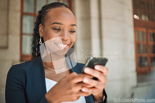 Image of Phone, gps and a business black woman in the city, searching for directions or typing a message. Mobile, travel and commute with a young female employee looking for a location on a navigation app