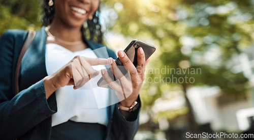 Image of Typing, hand and a woman with phone in city for communication, social media and an email. Smile, contact and an employee with a search, chat or reading a notification on a mobile app with mockup