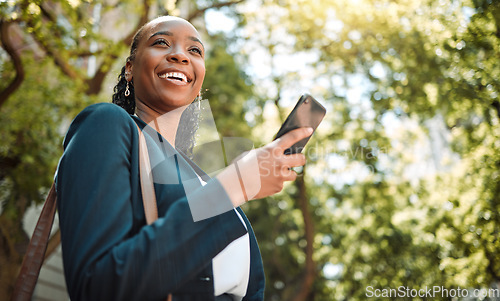 Image of Outdoor, black woman and smartphone with connection, typing and happiness with social media, nature and travel. Thinking, female person or girl with a cellphone, mobile app or smile with website info