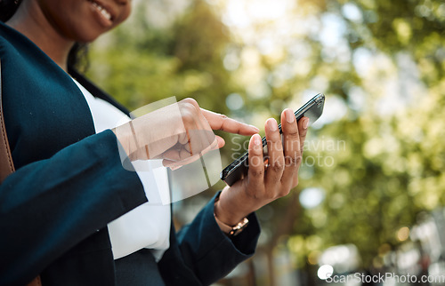 Image of Reading, hand and a black woman with phone in city for communication, social media and an email. Smile, contact and an African employee with a search, chat or notification on a mobile app with mockup