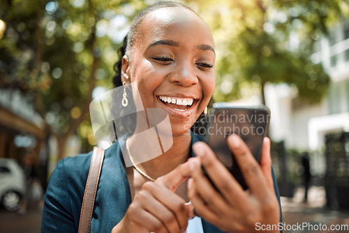 Image of Outdoor, black woman and smartphone with a mobile app typing and happiness with social media, contact and email. Thinking, female person or girl with a cellphone, connection or website info in a city