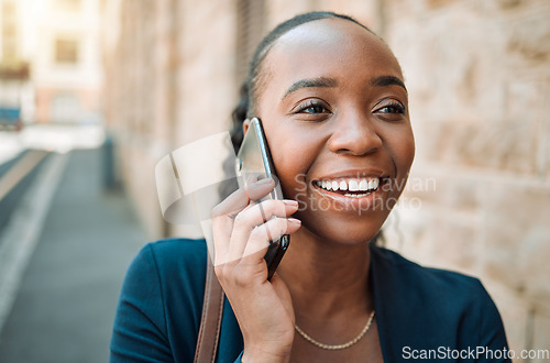 Image of Happy black woman, phone call and walking in city for conversation or communication outdoors. African female person smile for business discussion, networking or travel on smartphone in an urban town