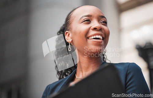 Image of Face, happy black woman or lawyer thinking with smile, education or empowerment working in a law firm. Court, constitution or proud African attorney with knowledge, ideas or vision for legal agency