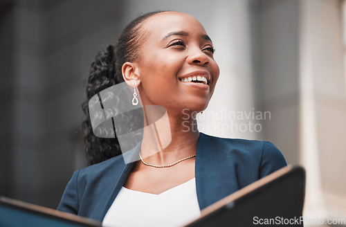 Image of Book, happy black woman or lawyer thinking with smile, research or empowerment working in a law firm. Court, constitution or proud African attorney with knowledge, ideas or vision for legal agency