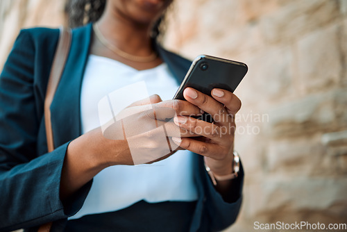 Image of Hands, smartphone and woman typing, social media search and closeup with chat online, communication and technology. Internet connection, text message or email, female person and using phone with app