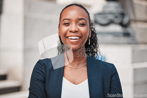 Image of Laughing, lawyer or portrait of happy black woman with joy or confidence working in a law firm. Face, empowerment or proud African attorney with leadership, smile or vision by legal agency building