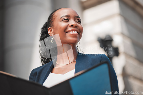 Image of Book, happy woman or lawyer thinking with smile, education or constitution research by law firm or court Smile, empowerment or proud African attorney with knowledge, ideas or vision for legal agency