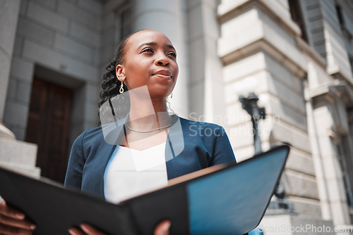 Image of Book, black woman or lawyer thinking with education, empowerment or constitution research by law firm. Reading, studying or African attorney with knowledge, ideas or vision for legal agency by court