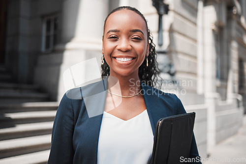 Image of Happy black woman, lawyer and portrait smile in confidence for career ambition in the city. Face of African female person or business attorney in happiness or pride for job opportunity in urban town