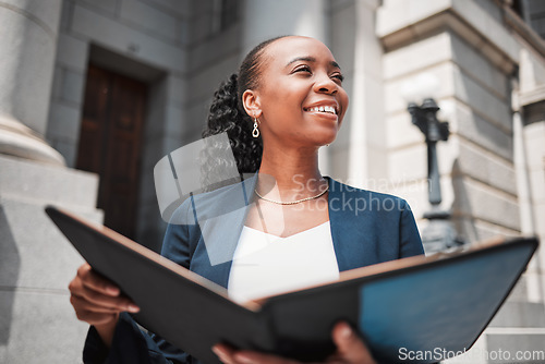 Image of Book, black woman or lawyer thinking of education, legislation or constitution research by law firm. Reading, studying or happy attorney with knowledge, ideas or vision for legal agency by court