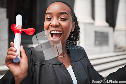 Image of Excited, black woman and graduation, diploma and success with celebration, university education and event. Graduate, certificate and happy student person outdoor with future and academic achievement